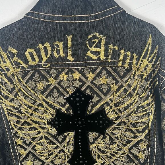 🔥🔥 “NWT” ROYAL ARMY Black Denim & Gold JACKET “Affliction Style” - Sz Large - Picture 12 of 12